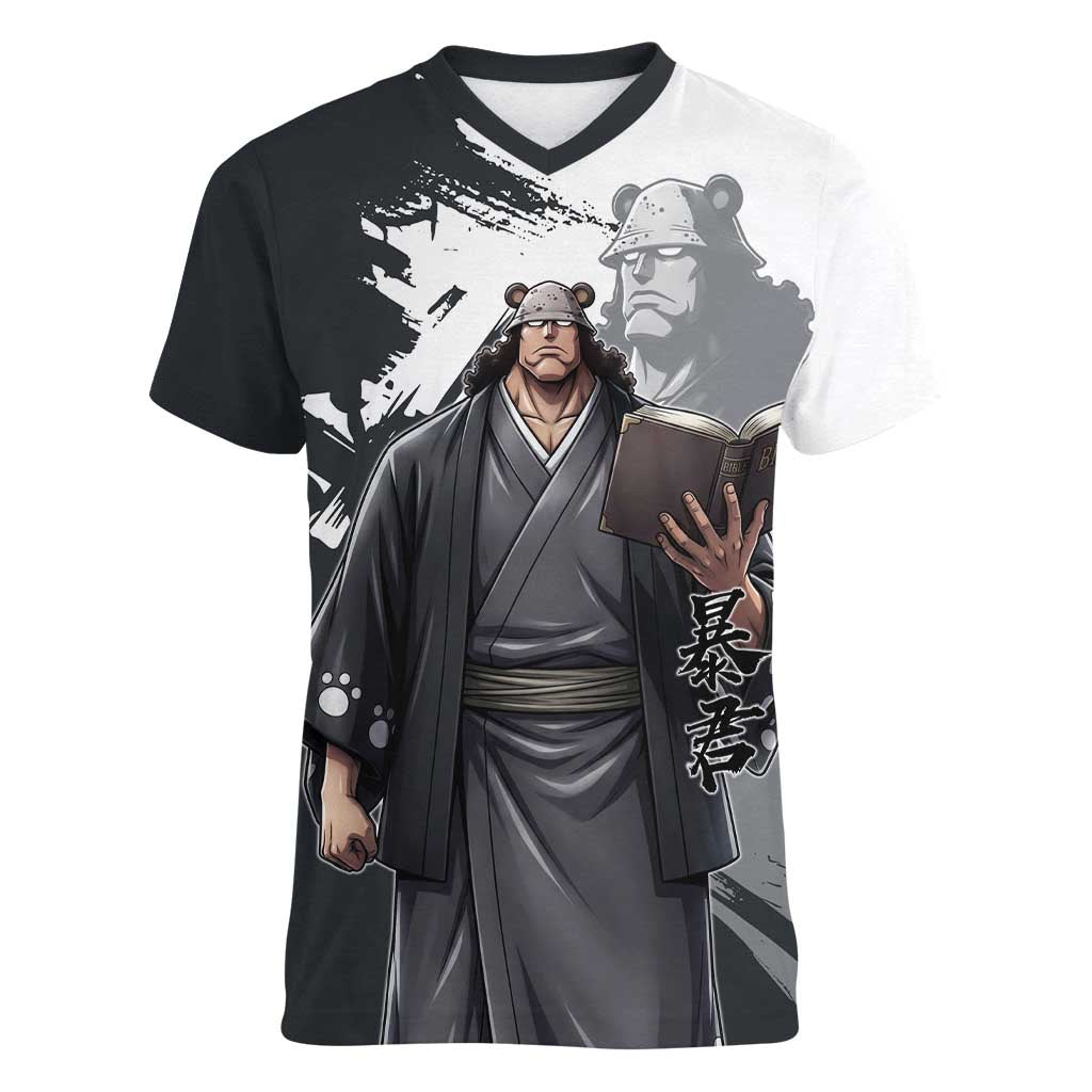 Bartholomew Kuma One Piece Women V-Neck T-Shirt Revolutionary Ink Wash Anime