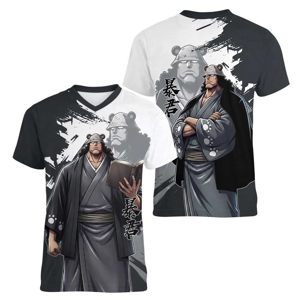 Bartholomew Kuma One Piece Women V-Neck T-Shirt Revolutionary Ink Wash Anime