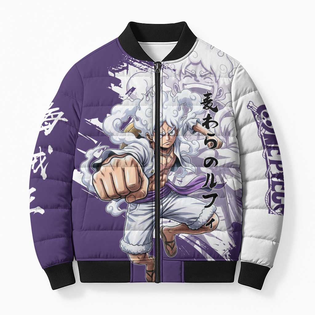 Luffy Gear 5 Anime Bomber Puffer Jacket One Piece Ink Splash Graphic