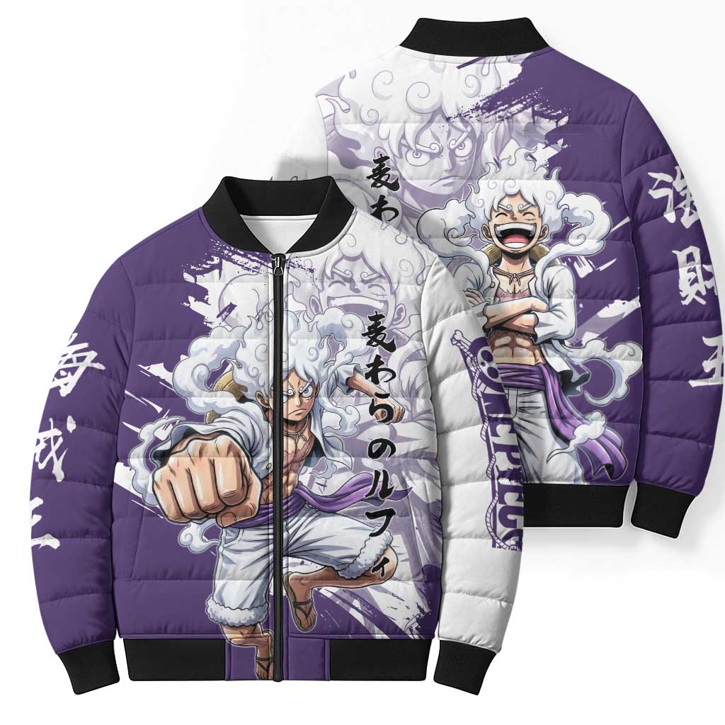 Luffy Gear 5 Anime Bomber Puffer Jacket One Piece Ink Splash Graphic