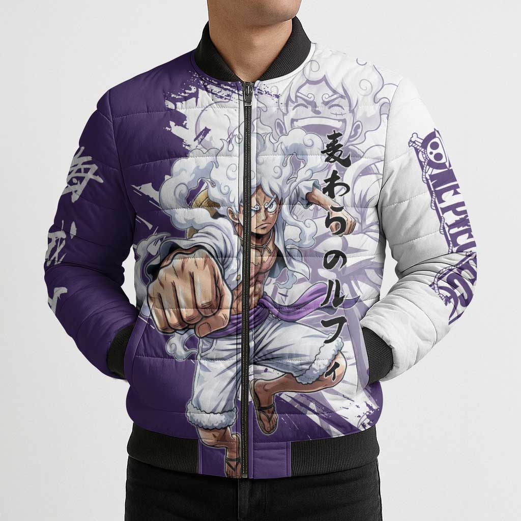 Luffy Gear 5 Anime Bomber Puffer Jacket One Piece Ink Splash Graphic