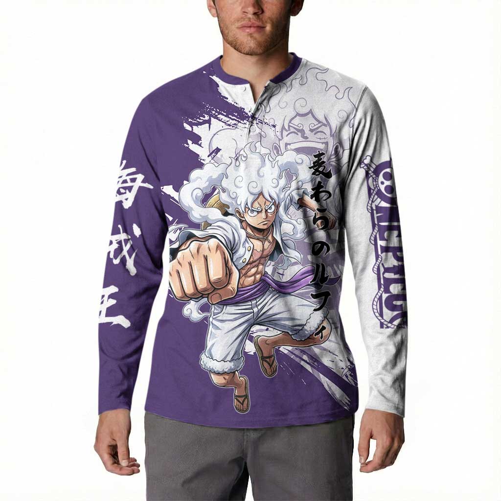 Luffy Gear 5 Anime Button Sweatshirt One Piece Ink Splash Graphic