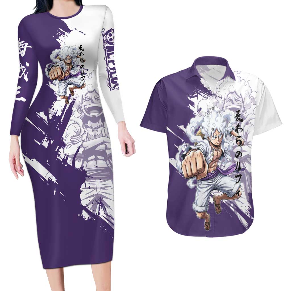 Luffy Gear 5 Anime Couples Matching Long Sleeve Bodycon Dress and Hawaiian Shirt One Piece Ink Splash Graphic