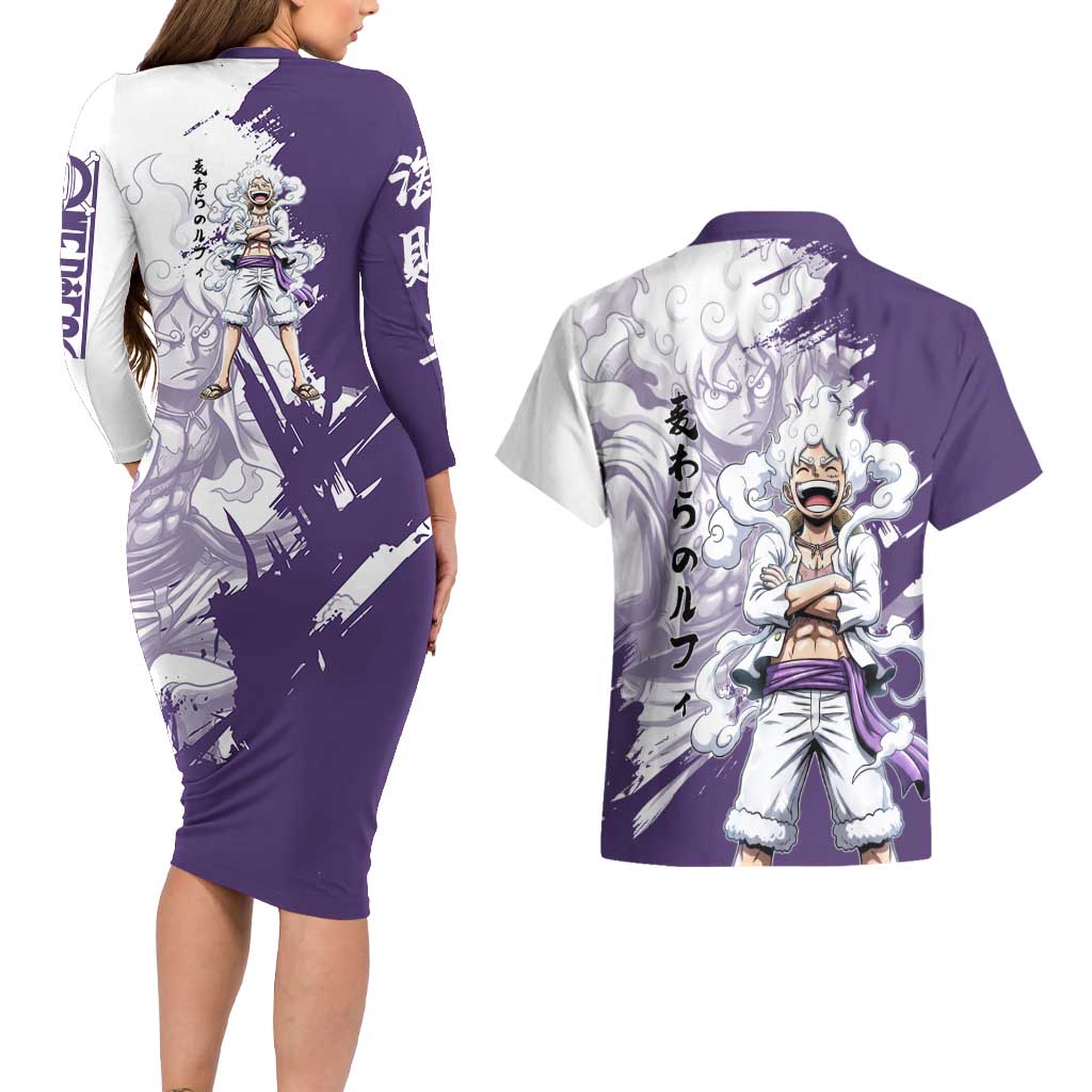 Luffy Gear 5 Anime Couples Matching Long Sleeve Bodycon Dress and Hawaiian Shirt One Piece Ink Splash Graphic