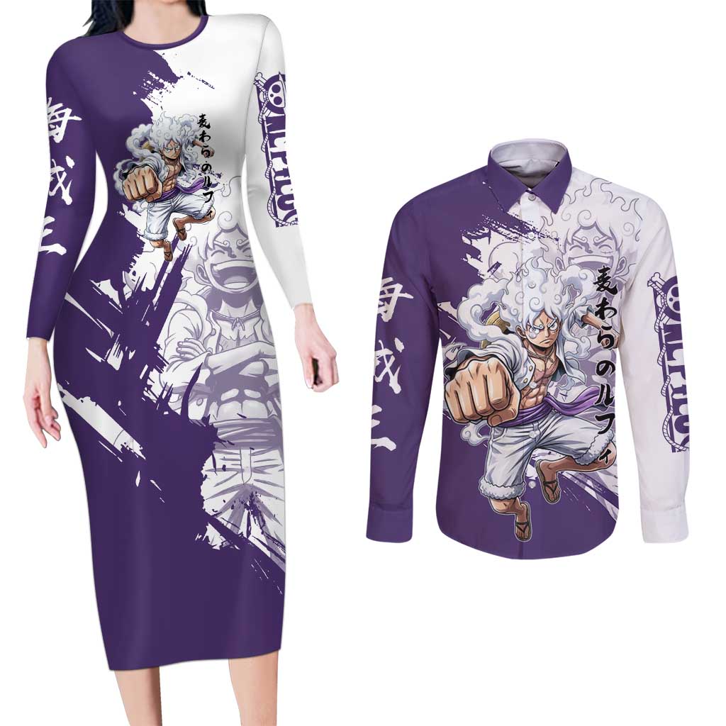 Luffy Gear 5 Anime Couples Matching Long Sleeve Bodycon Dress and Long Sleeve Button Shirt One Piece Ink Splash Graphic