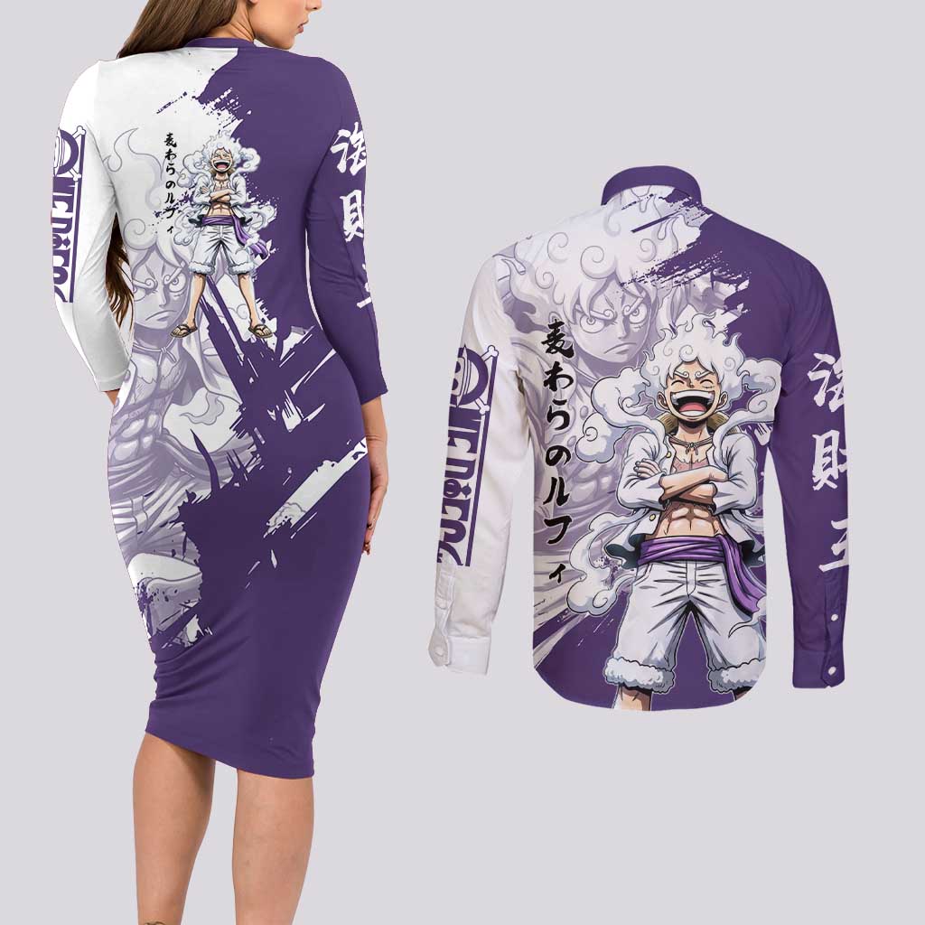 Luffy Gear 5 Anime Couples Matching Long Sleeve Bodycon Dress and Long Sleeve Button Shirt One Piece Ink Splash Graphic