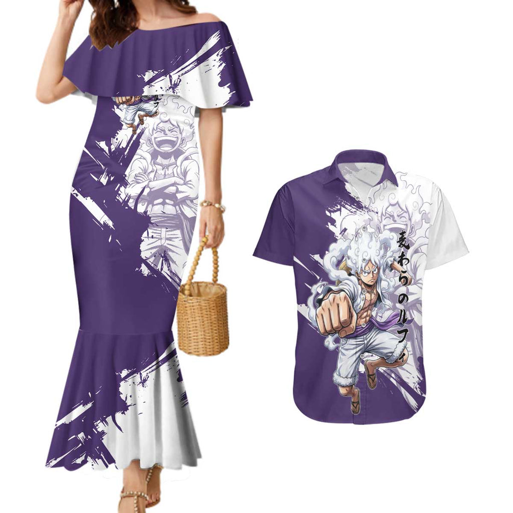 Luffy Gear 5 Anime Couples Matching Mermaid Dress and Hawaiian Shirt One Piece Ink Splash Graphic