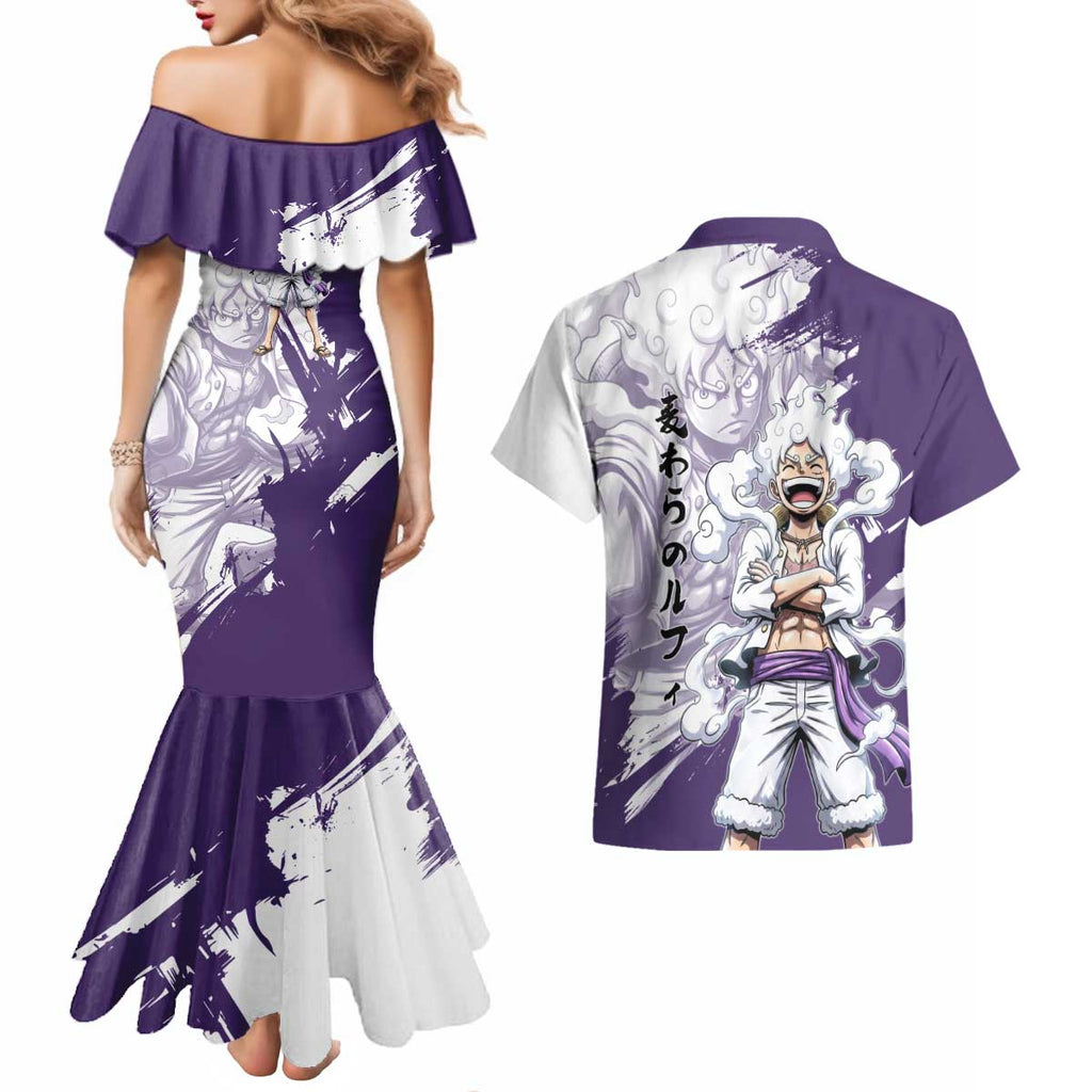 Luffy Gear 5 Anime Couples Matching Mermaid Dress and Hawaiian Shirt One Piece Ink Splash Graphic