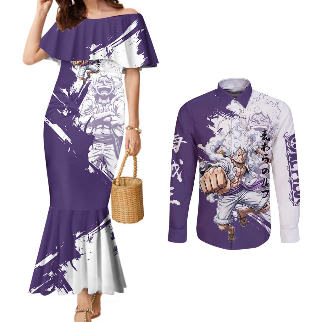 Luffy Gear 5 Anime Couples Matching Mermaid Dress and Long Sleeve Button Shirt One Piece Ink Splash Graphic