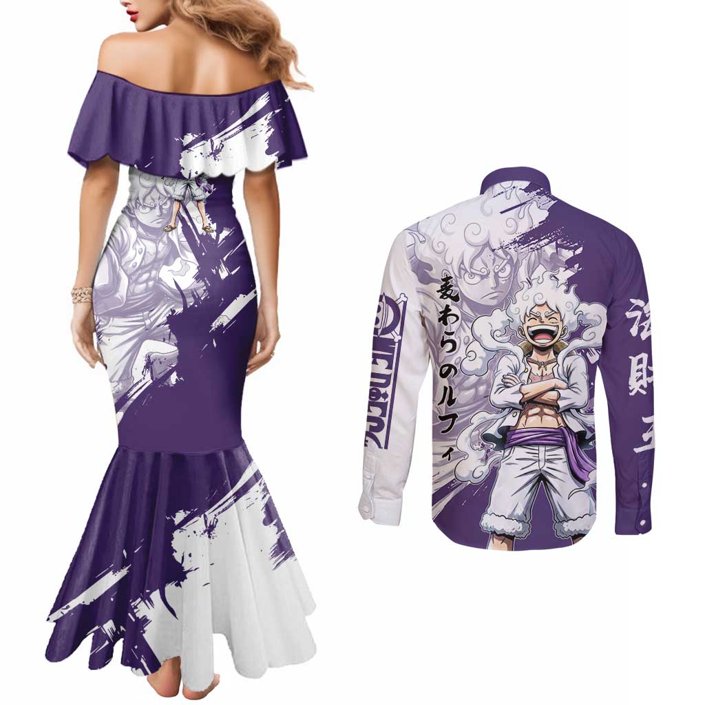 Luffy Gear 5 Anime Couples Matching Mermaid Dress and Long Sleeve Button Shirt One Piece Ink Splash Graphic
