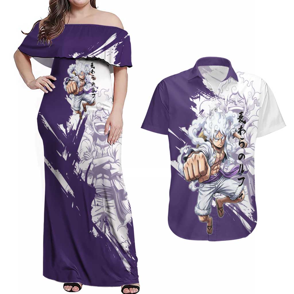 Luffy Gear 5 Anime Couples Matching Off Shoulder Maxi Dress and Hawaiian Shirt One Piece Ink Splash Graphic