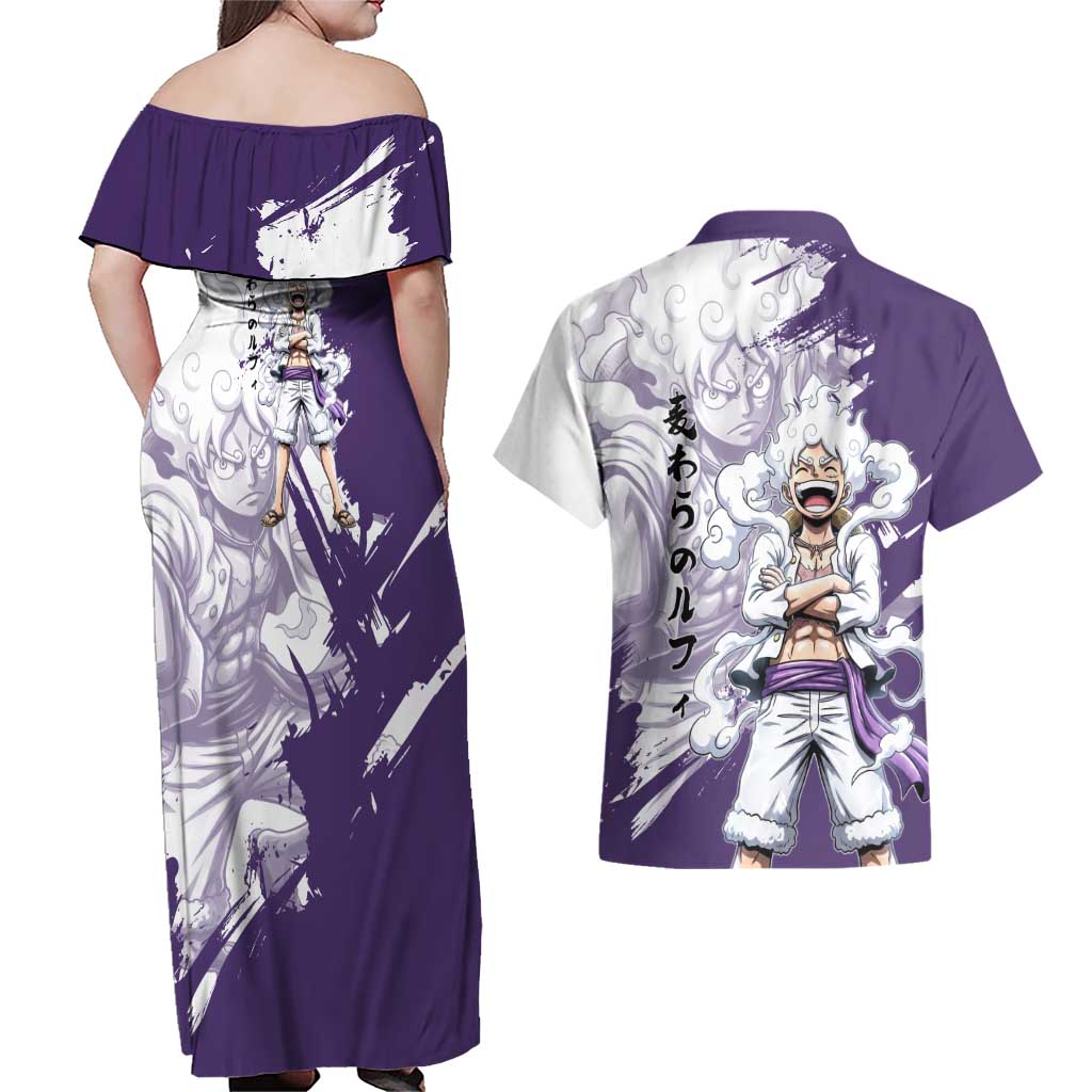 Luffy Gear 5 Anime Couples Matching Off Shoulder Maxi Dress and Hawaiian Shirt One Piece Ink Splash Graphic