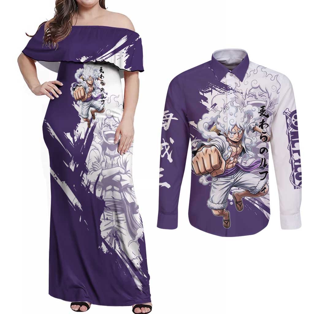 Luffy Gear 5 Anime Couples Matching Off Shoulder Maxi Dress and Long Sleeve Button Shirt One Piece Ink Splash Graphic