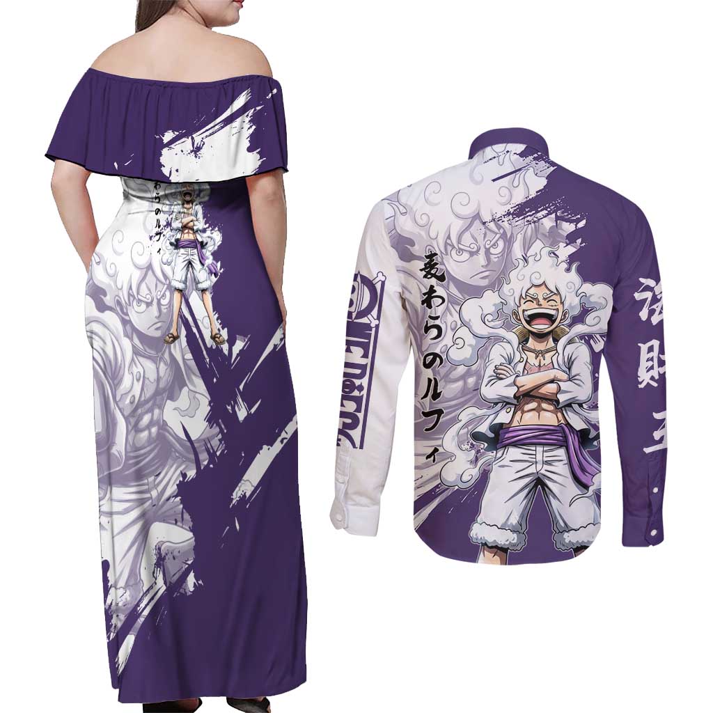 Luffy Gear 5 Anime Couples Matching Off Shoulder Maxi Dress and Long Sleeve Button Shirt One Piece Ink Splash Graphic