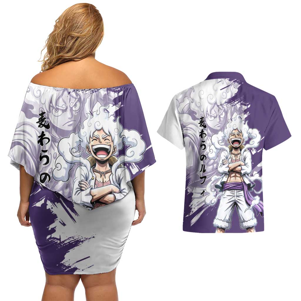 Luffy Gear 5 Anime Couples Matching Off Shoulder Short Dress and Hawaiian Shirt One Piece Ink Splash Graphic