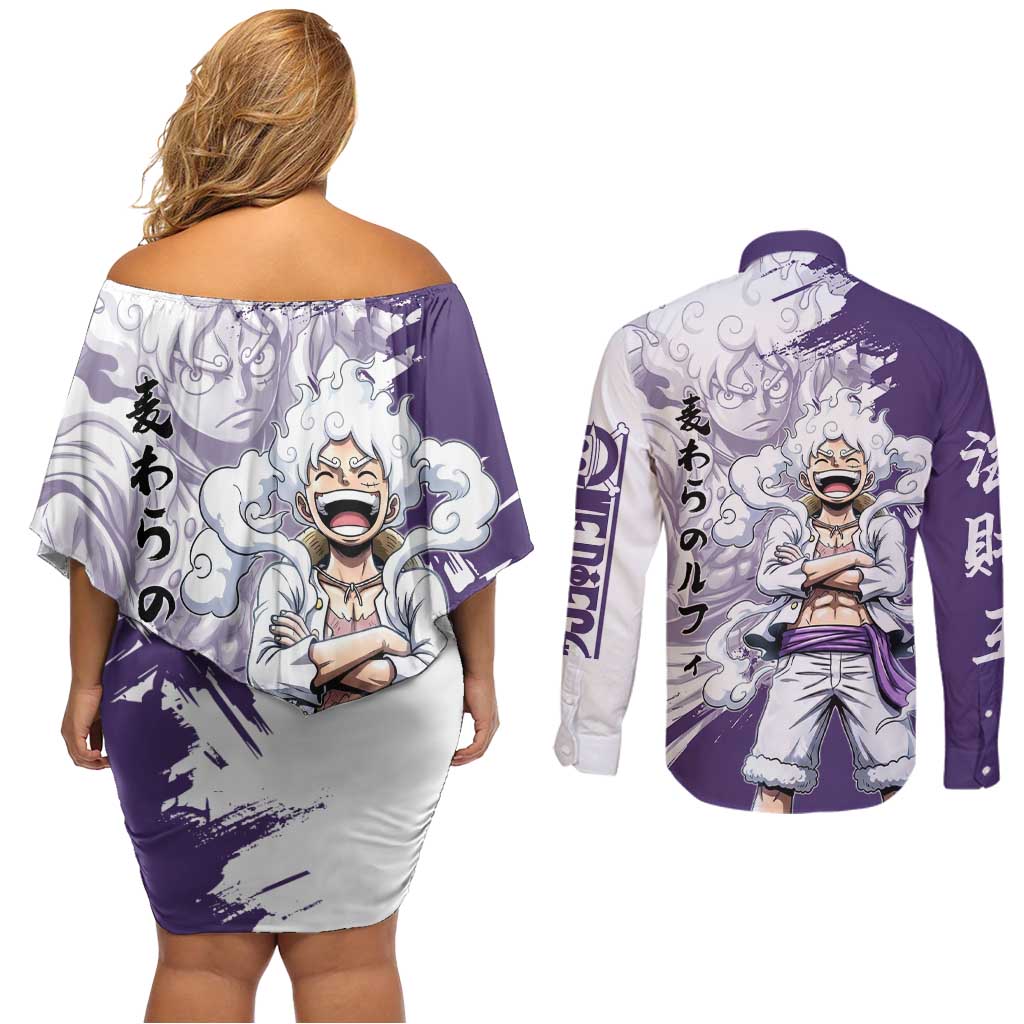 Luffy Gear 5 Anime Couples Matching Off Shoulder Short Dress and Long Sleeve Button Shirt One Piece Ink Splash Graphic