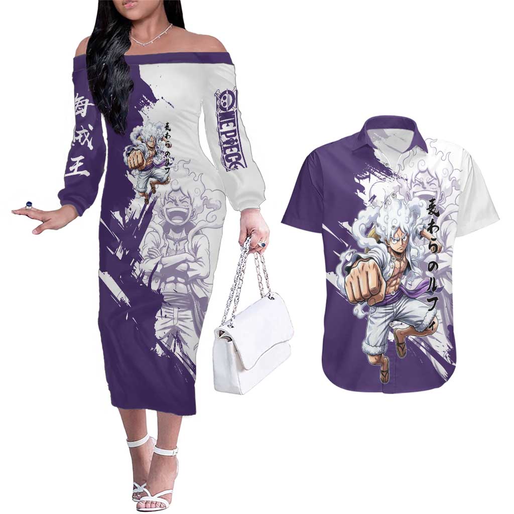 Luffy Gear 5 Anime Couples Matching Off The Shoulder Long Sleeve Dress and Hawaiian Shirt One Piece Ink Splash Graphic