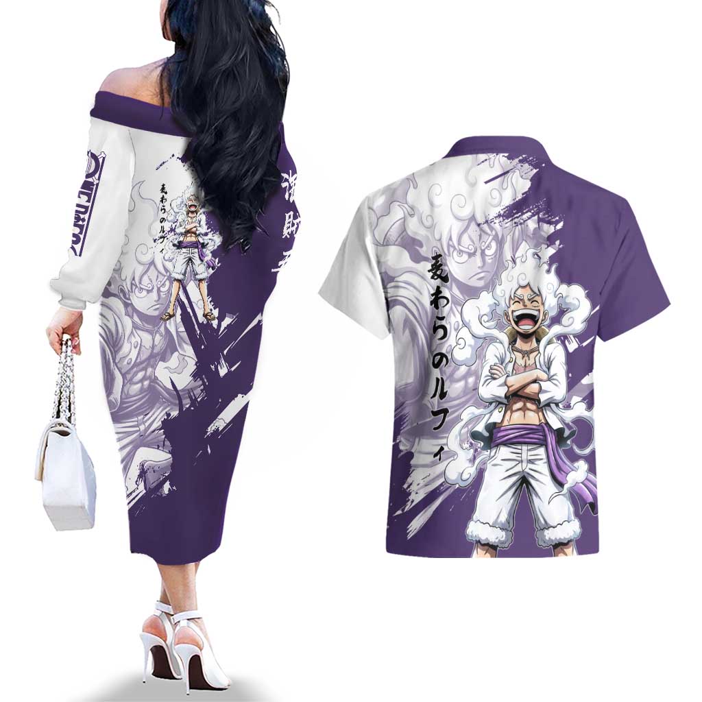Luffy Gear 5 Anime Couples Matching Off The Shoulder Long Sleeve Dress and Hawaiian Shirt One Piece Ink Splash Graphic