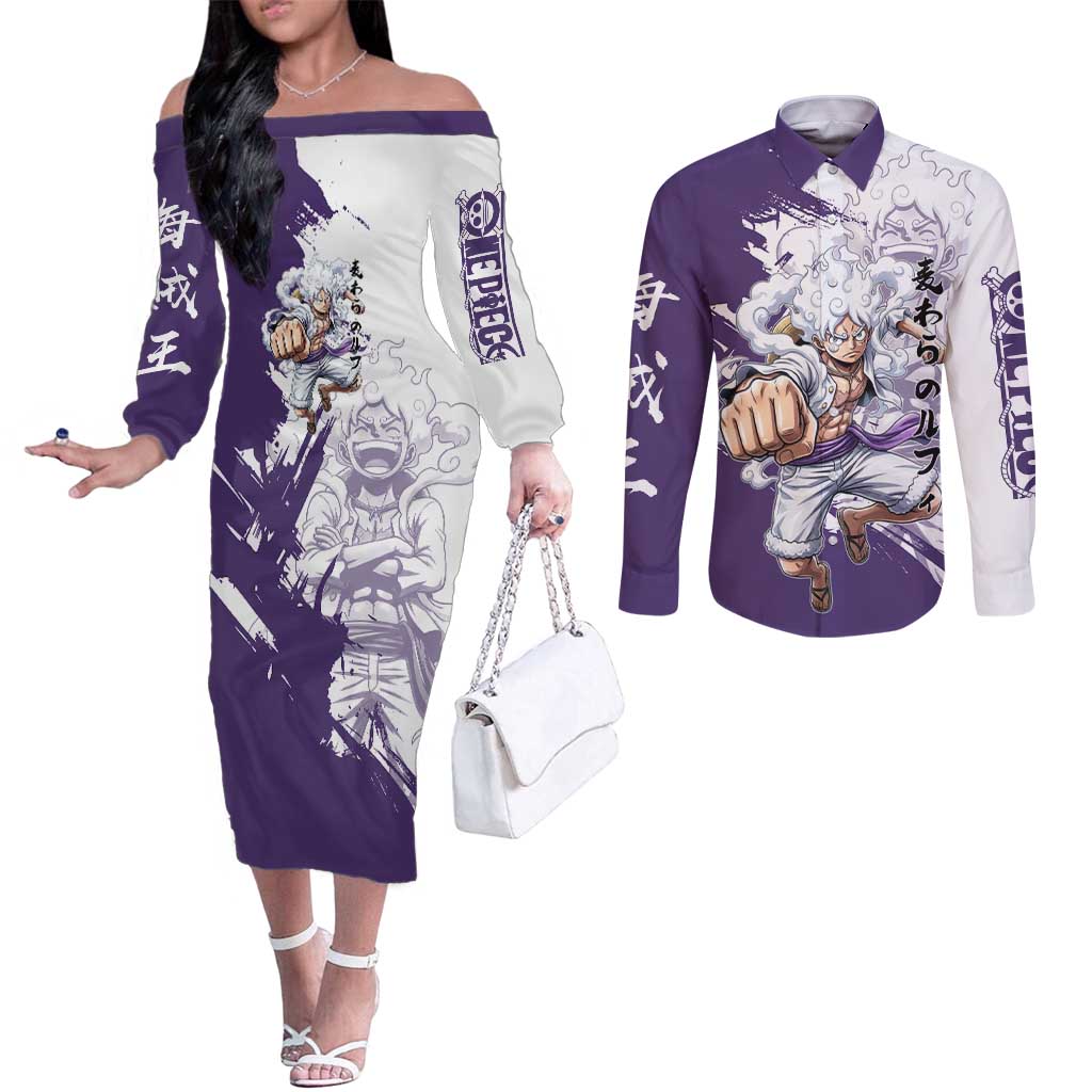 Luffy Gear 5 Anime Couples Matching Off The Shoulder Long Sleeve Dress and Long Sleeve Button Shirt One Piece Ink Splash Graphic