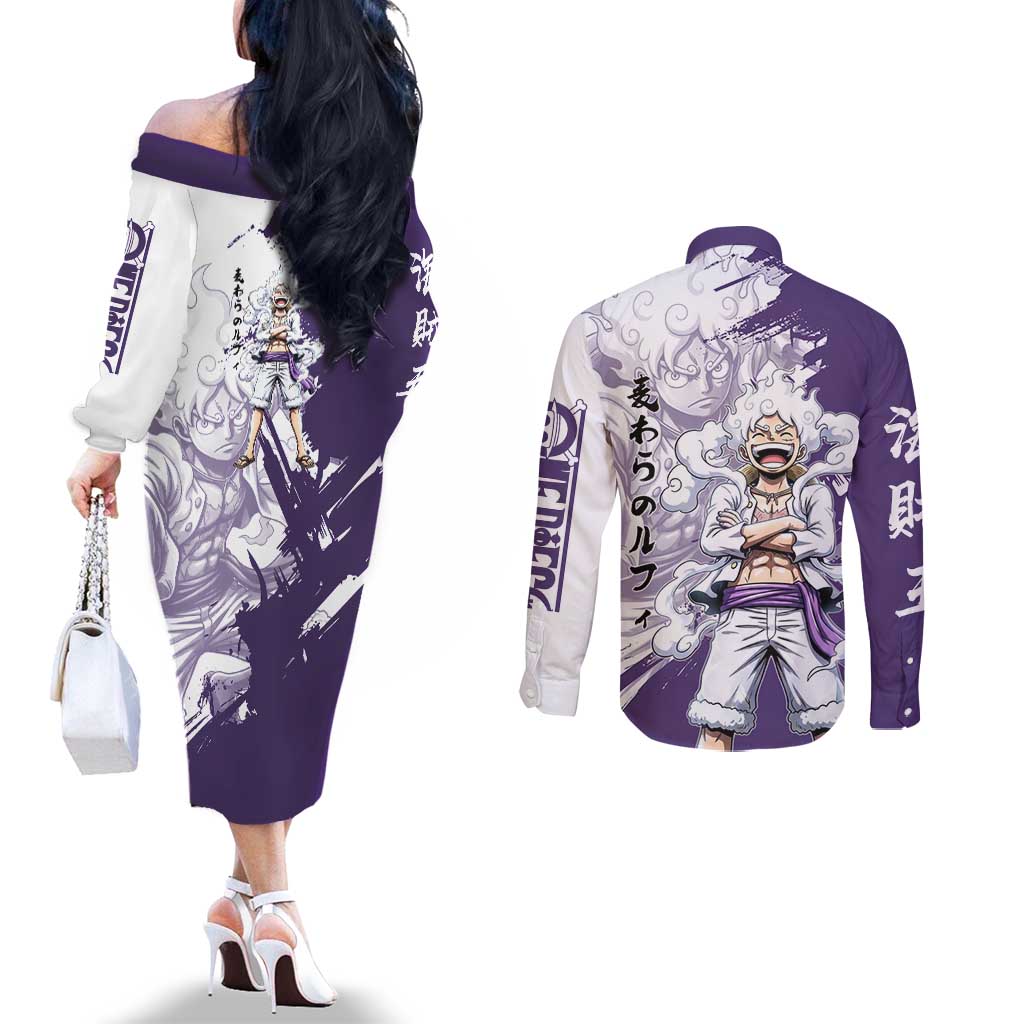 Luffy Gear 5 Anime Couples Matching Off The Shoulder Long Sleeve Dress and Long Sleeve Button Shirt One Piece Ink Splash Graphic