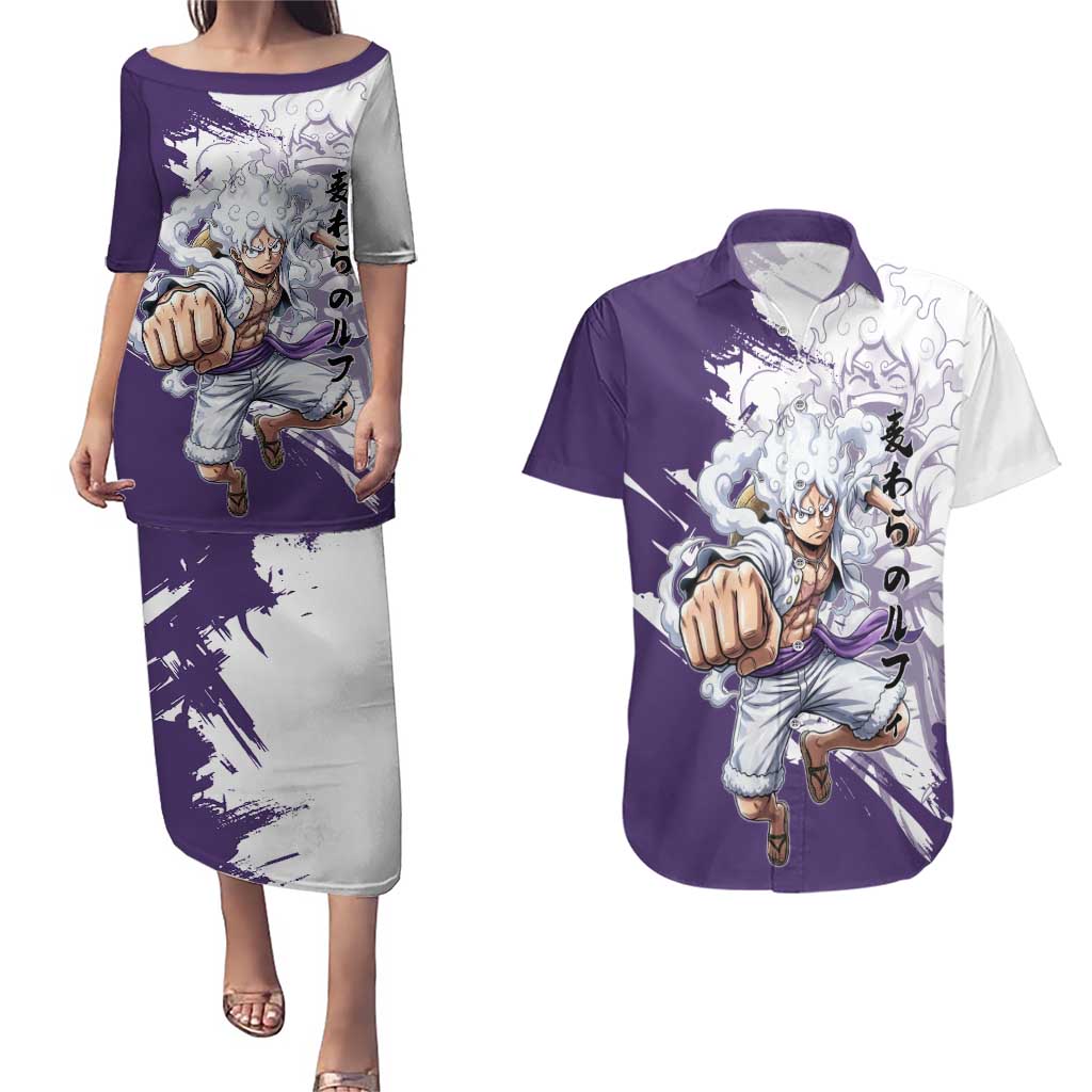 Luffy Gear 5 Anime Couples Matching Puletasi and Hawaiian Shirt One Piece Ink Splash Graphic