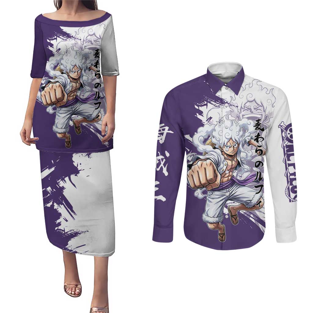 Luffy Gear 5 Anime Couples Matching Puletasi and Long Sleeve Button Shirt One Piece Ink Splash Graphic