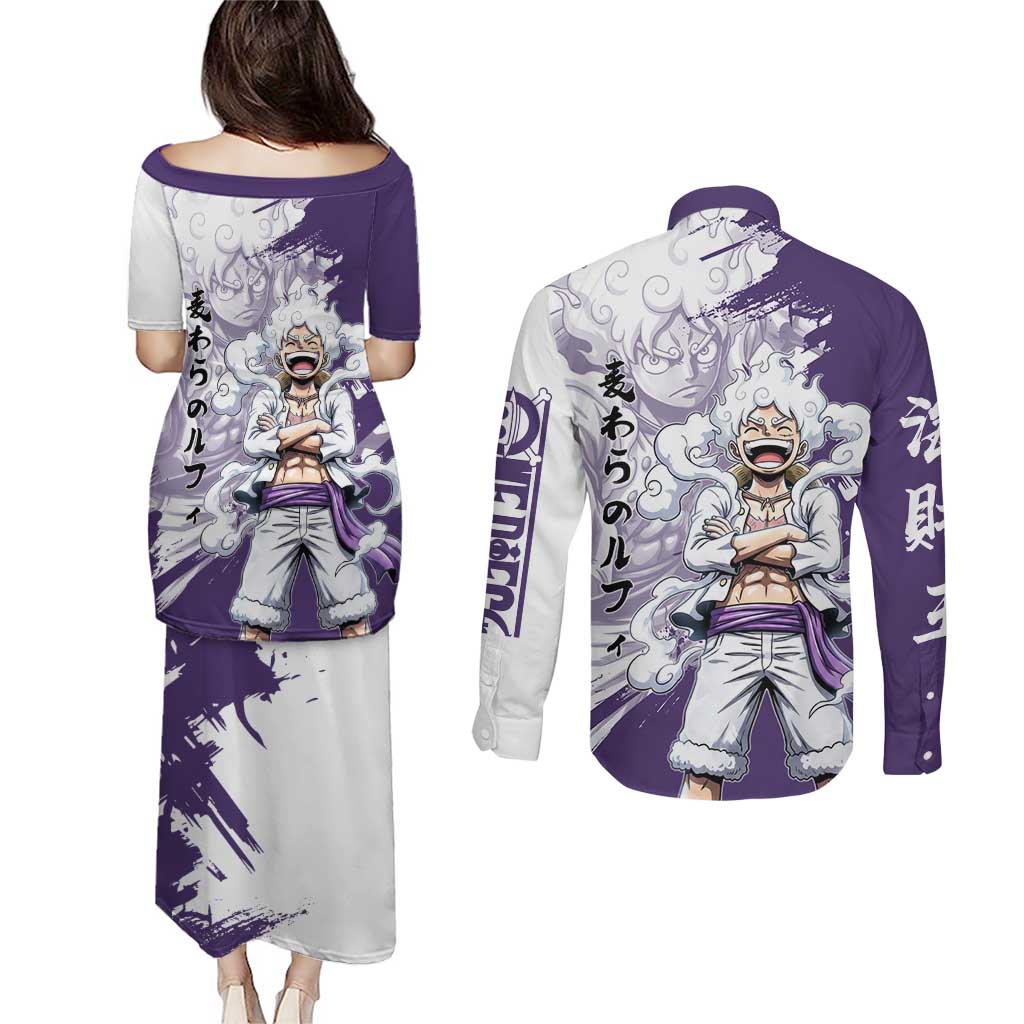 Luffy Gear 5 Anime Couples Matching Puletasi and Long Sleeve Button Shirt One Piece Ink Splash Graphic