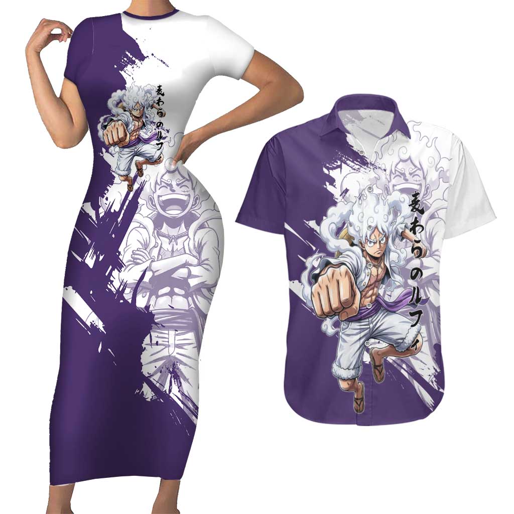 Luffy Gear 5 Anime Couples Matching Short Sleeve Bodycon Dress and Hawaiian Shirt One Piece Ink Splash Graphic
