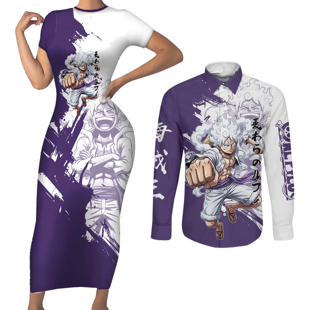 Luffy Gear 5 Anime Couples Matching Short Sleeve Bodycon Dress and Long Sleeve Button Shirt One Piece Ink Splash Graphic