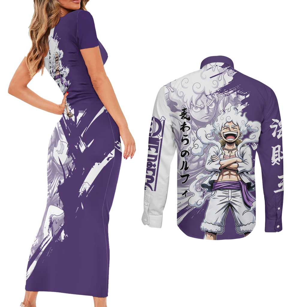 Luffy Gear 5 Anime Couples Matching Short Sleeve Bodycon Dress and Long Sleeve Button Shirt One Piece Ink Splash Graphic