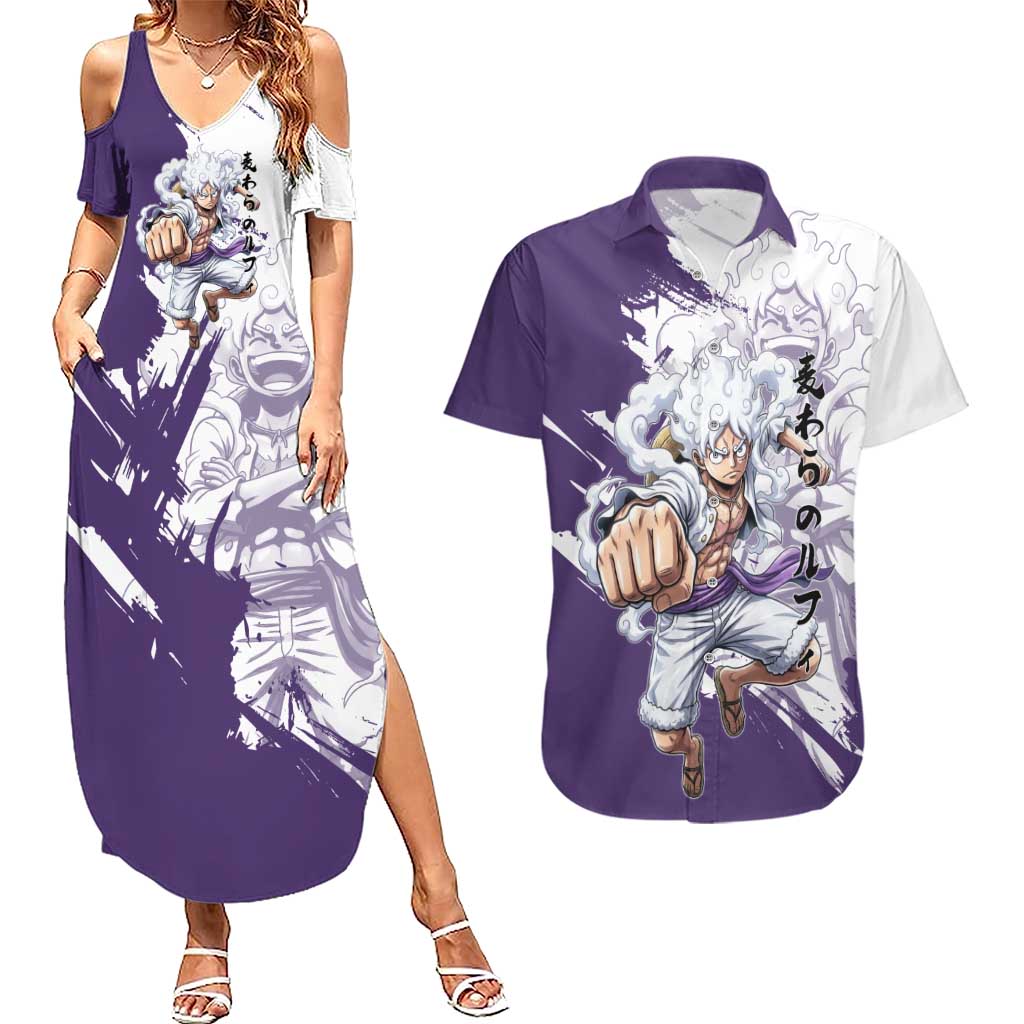Luffy Gear 5 Anime Couples Matching Summer Maxi Dress and Hawaiian Shirt One Piece Ink Splash Graphic
