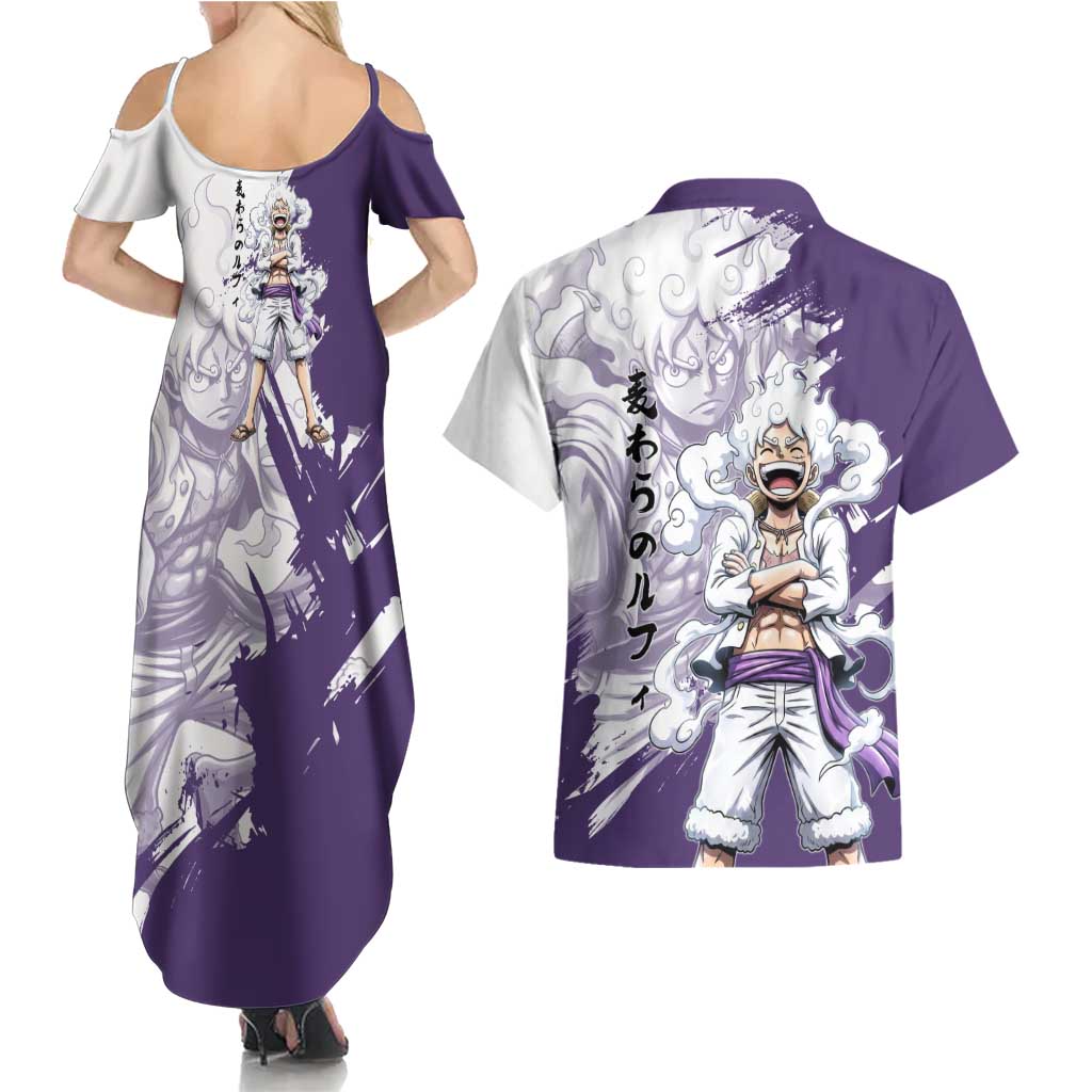 Luffy Gear 5 Anime Couples Matching Summer Maxi Dress and Hawaiian Shirt One Piece Ink Splash Graphic