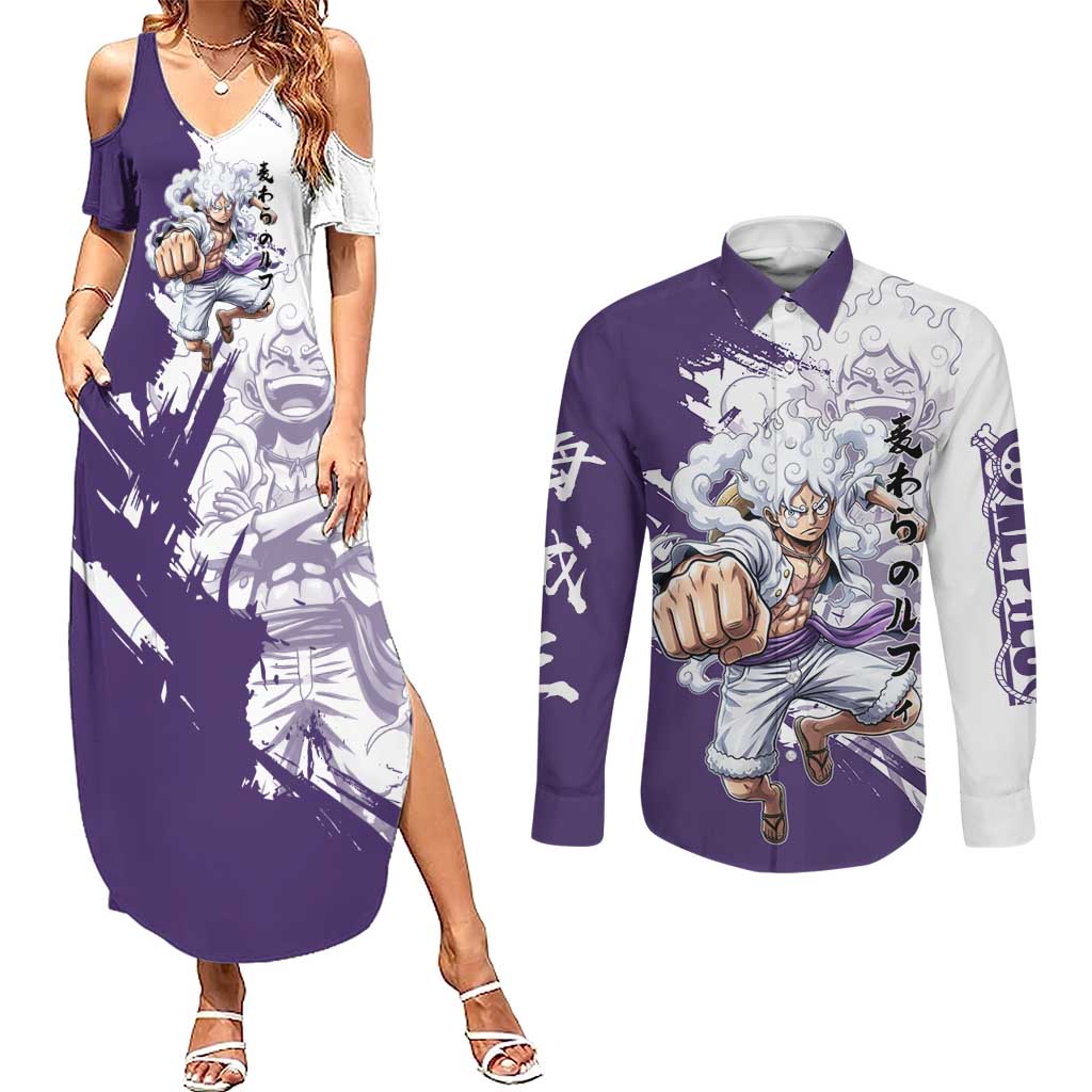 Luffy Gear 5 Anime Couples Matching Summer Maxi Dress and Long Sleeve Button Shirt One Piece Ink Splash Graphic