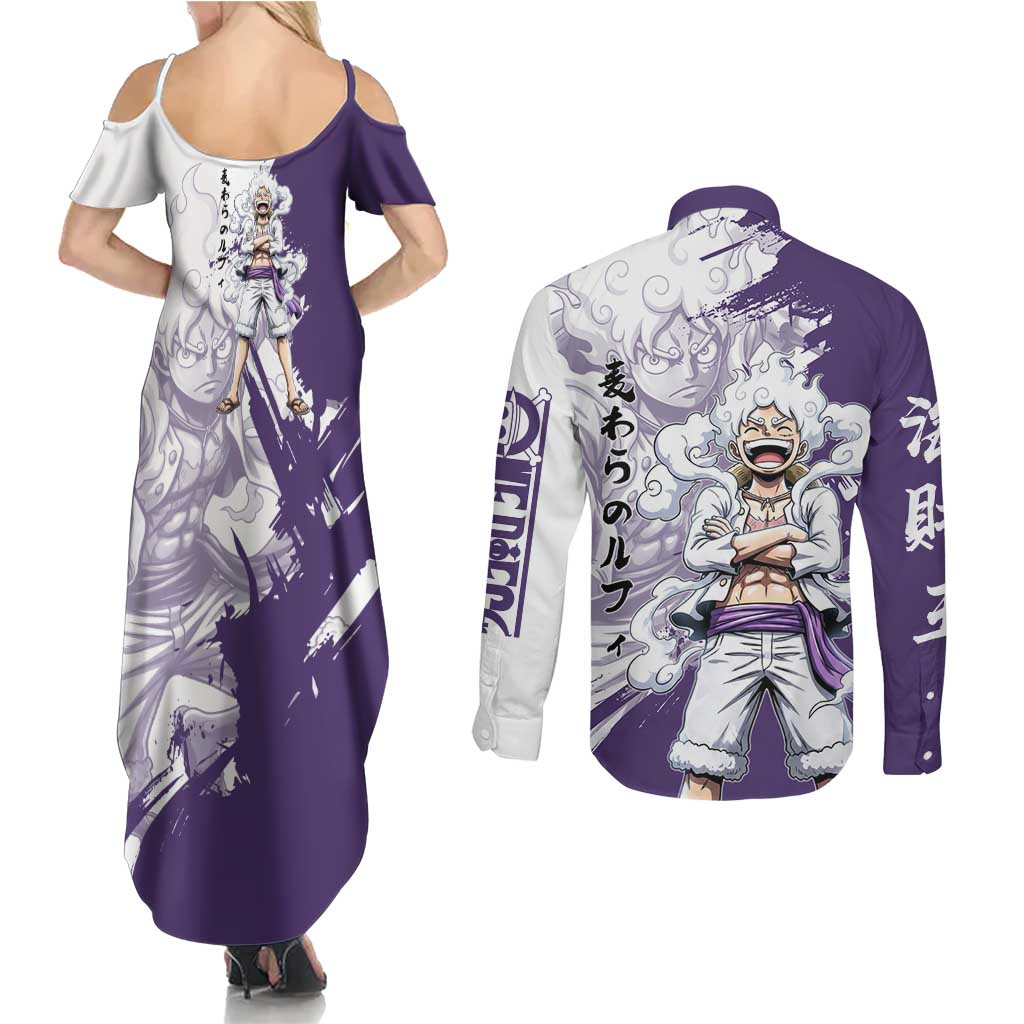 Luffy Gear 5 Anime Couples Matching Summer Maxi Dress and Long Sleeve Button Shirt One Piece Ink Splash Graphic