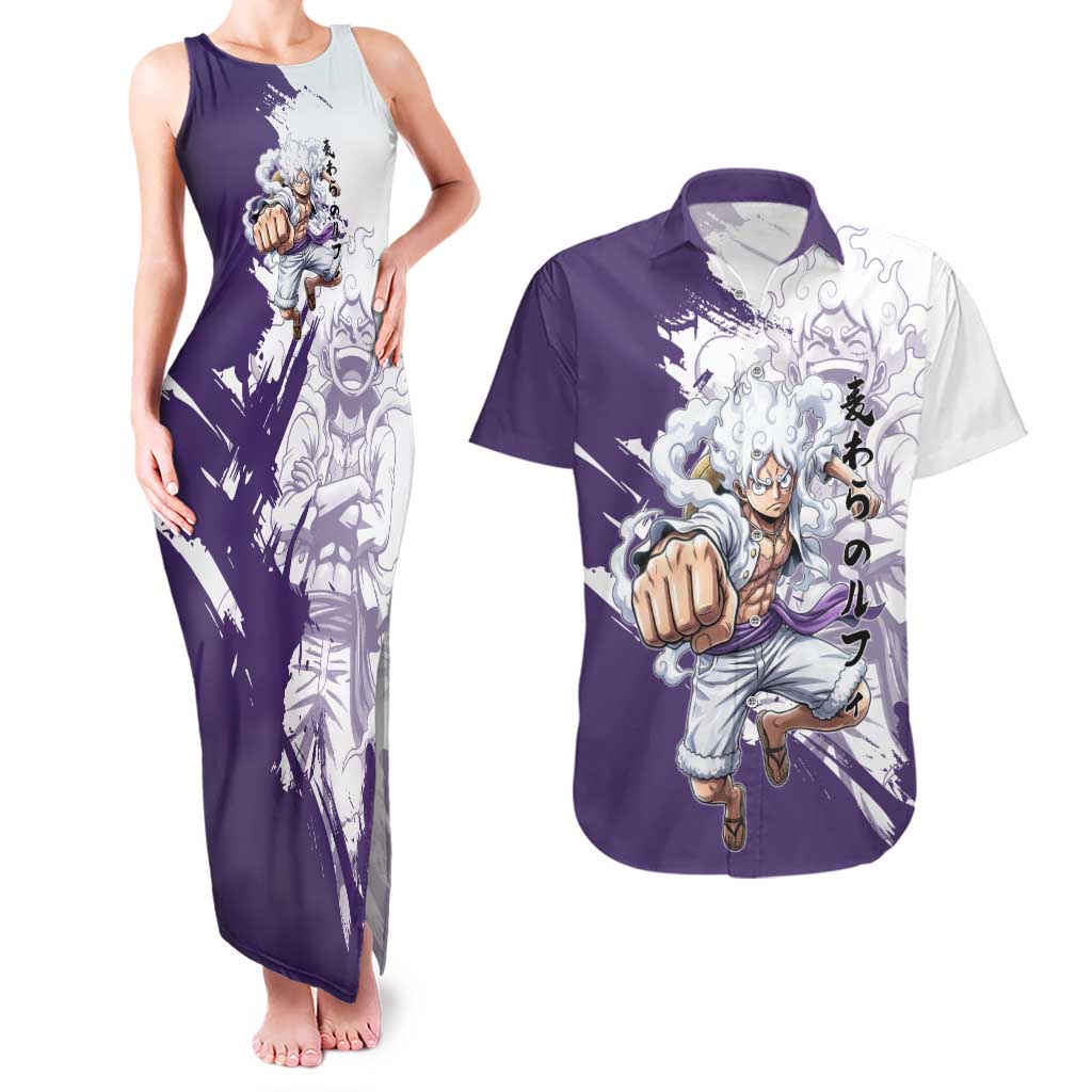 Luffy Gear 5 Anime Couples Matching Tank Maxi Dress and Hawaiian Shirt One Piece Ink Splash Graphic