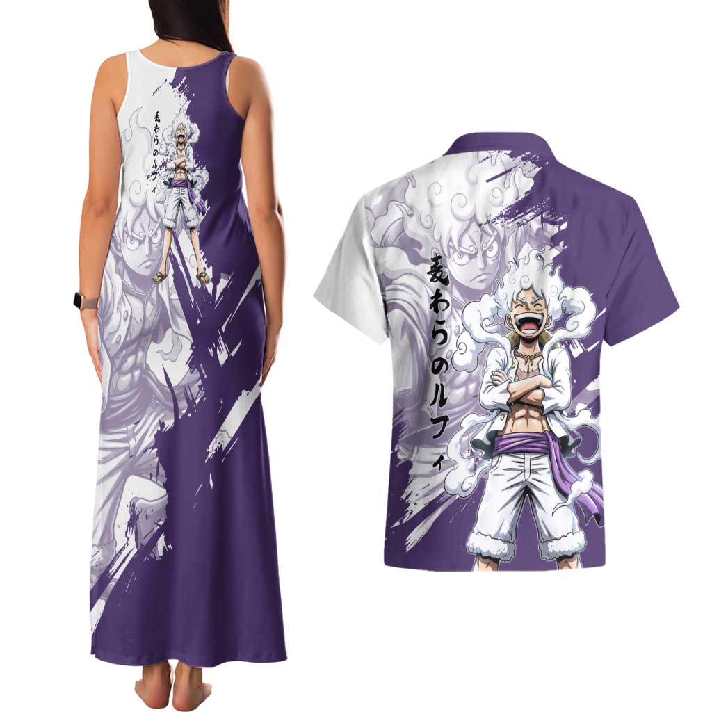 Luffy Gear 5 Anime Couples Matching Tank Maxi Dress and Hawaiian Shirt One Piece Ink Splash Graphic