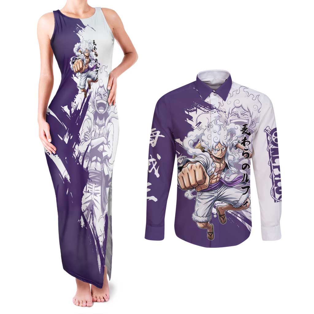 Luffy Gear 5 Anime Couples Matching Tank Maxi Dress and Long Sleeve Button Shirt One Piece Ink Splash Graphic