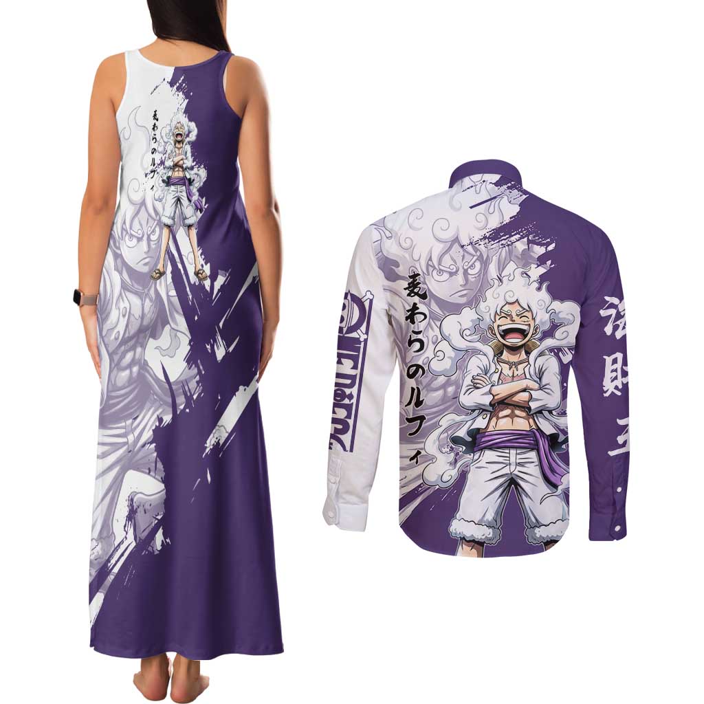 Luffy Gear 5 Anime Couples Matching Tank Maxi Dress and Long Sleeve Button Shirt One Piece Ink Splash Graphic