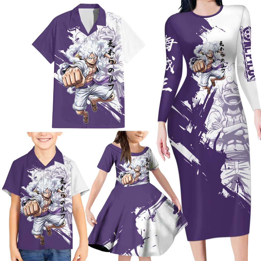 Luffy Gear 5 Anime Family Matching Long Sleeve Bodycon Dress and Hawaiian Shirt One Piece Ink Splash Graphic