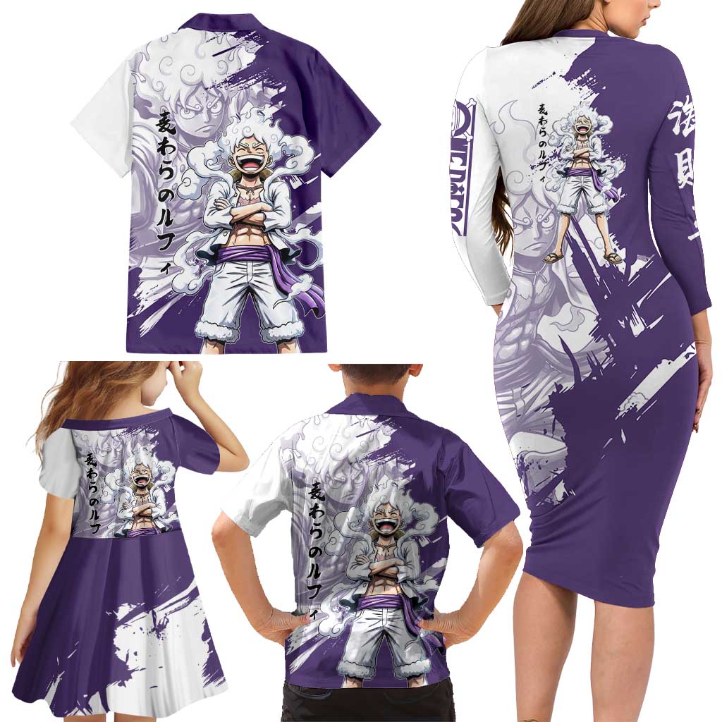 Luffy Gear 5 Anime Family Matching Long Sleeve Bodycon Dress and Hawaiian Shirt One Piece Ink Splash Graphic