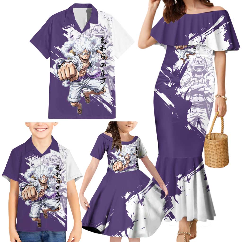 Luffy Gear 5 Anime Family Matching Mermaid Dress and Hawaiian Shirt One Piece Ink Splash Graphic