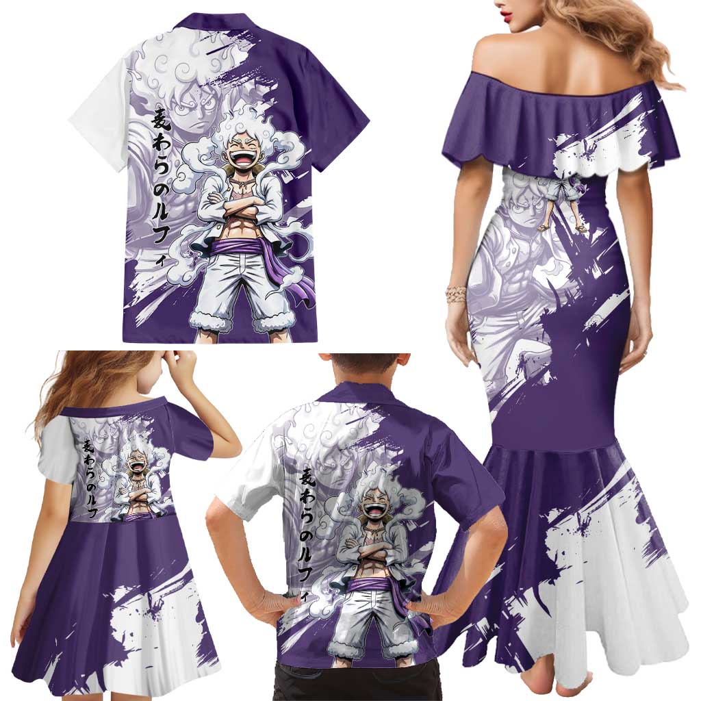 Luffy Gear 5 Anime Family Matching Mermaid Dress and Hawaiian Shirt One Piece Ink Splash Graphic