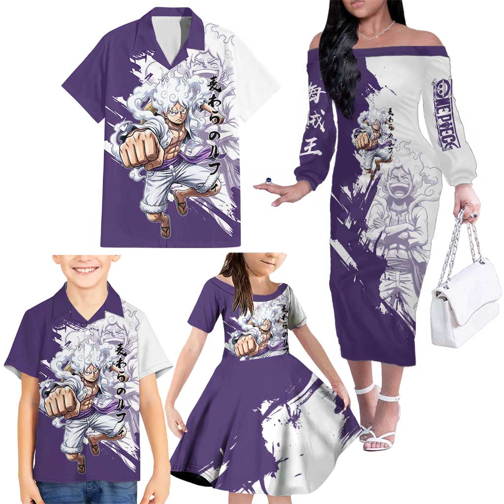 Luffy Gear 5 Anime Family Matching Off The Shoulder Long Sleeve Dress and Hawaiian Shirt One Piece Ink Splash Graphic