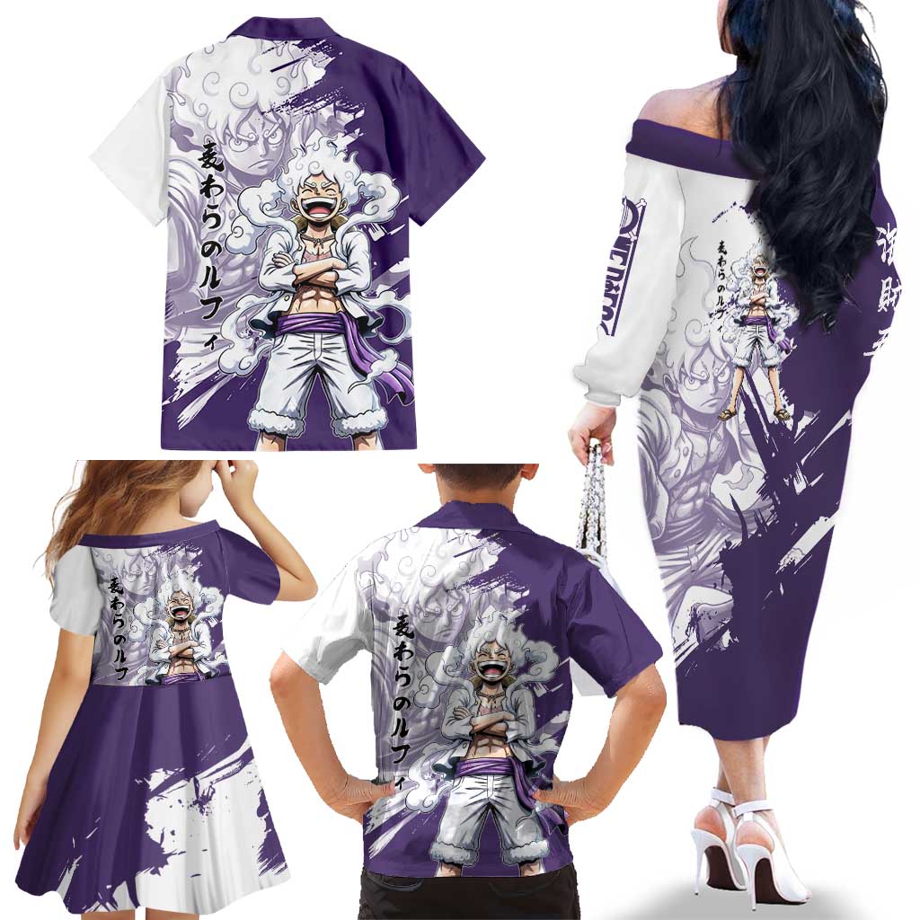 Luffy Gear 5 Anime Family Matching Off The Shoulder Long Sleeve Dress and Hawaiian Shirt One Piece Ink Splash Graphic