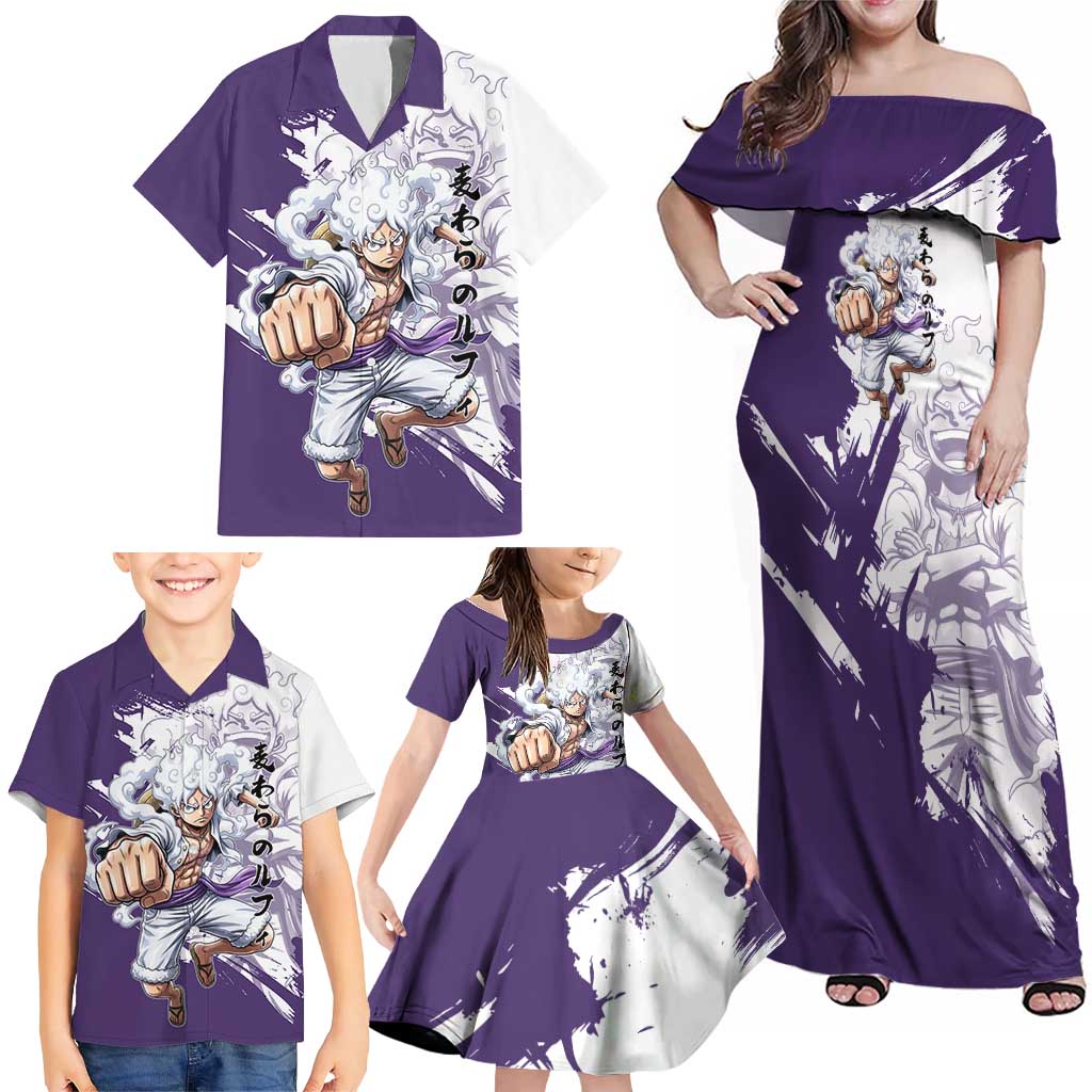 Luffy Gear 5 Anime Family Matching Off Shoulder Maxi Dress and Hawaiian Shirt One Piece Ink Splash Graphic
