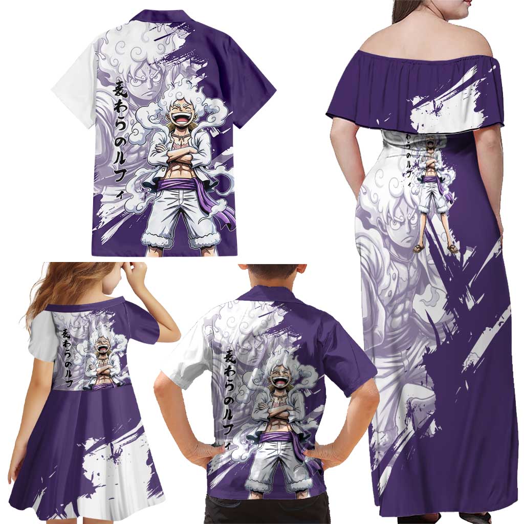 Luffy Gear 5 Anime Family Matching Off Shoulder Maxi Dress and Hawaiian Shirt One Piece Ink Splash Graphic