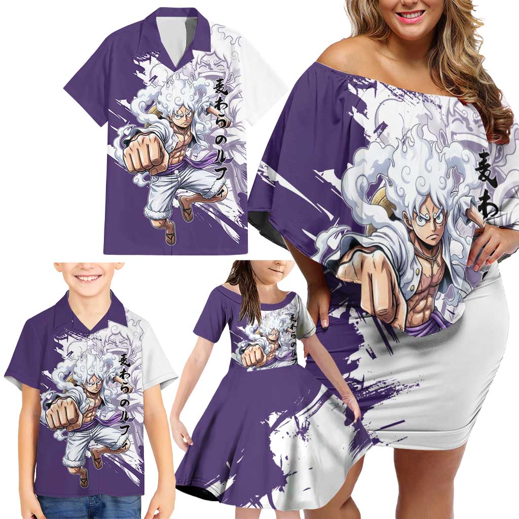 Luffy Gear 5 Anime Family Matching Off Shoulder Short Dress and Hawaiian Shirt One Piece Ink Splash Graphic