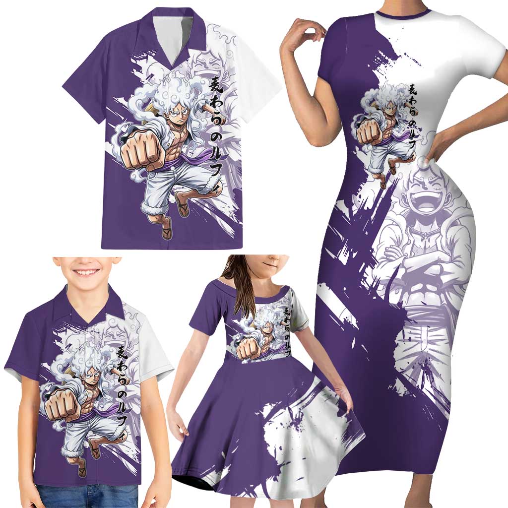 Luffy Gear 5 Anime Family Matching Short Sleeve Bodycon Dress and Hawaiian Shirt One Piece Ink Splash Graphic