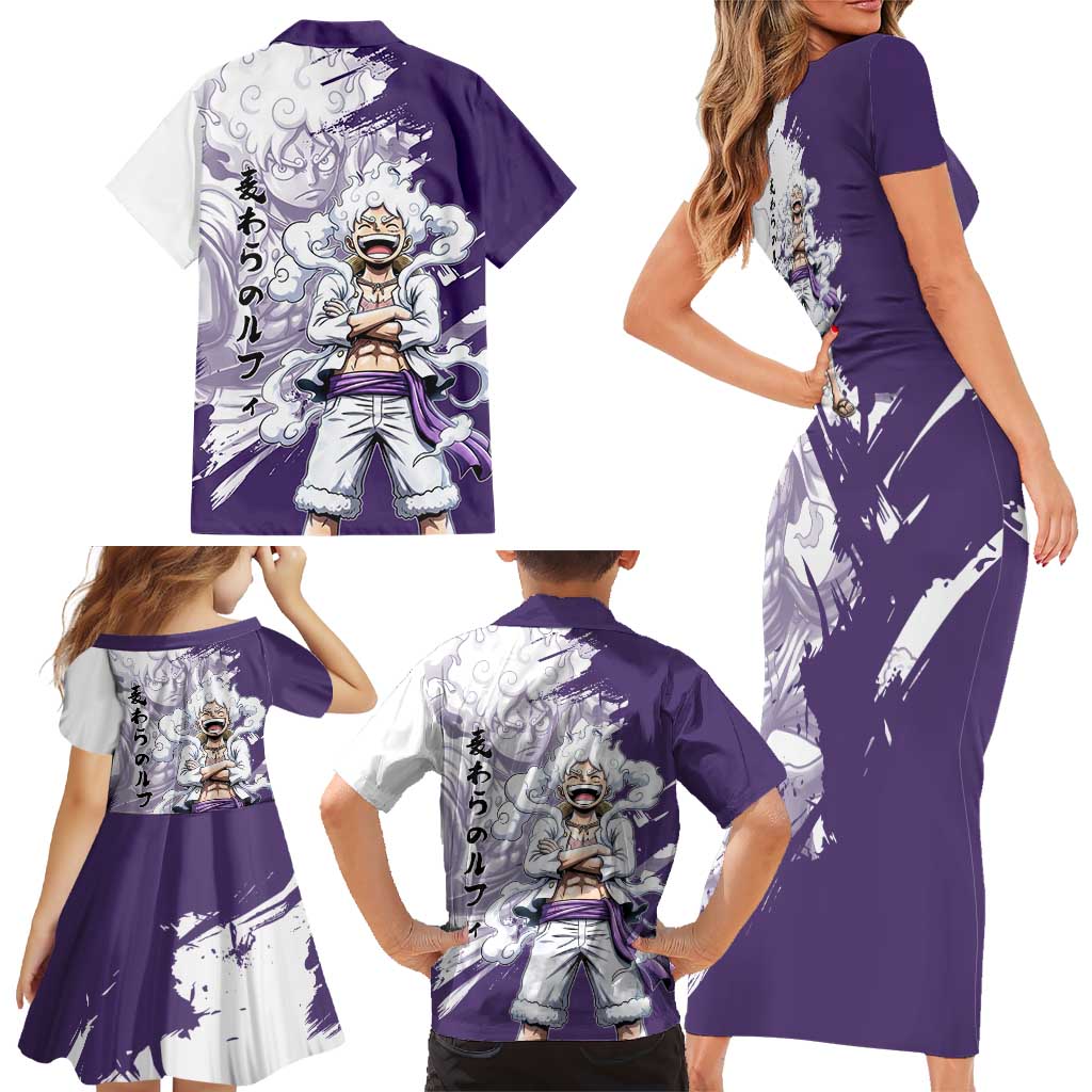 Luffy Gear 5 Anime Family Matching Short Sleeve Bodycon Dress and Hawaiian Shirt One Piece Ink Splash Graphic