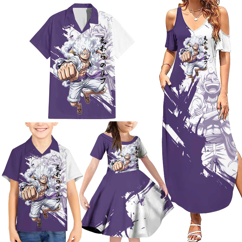 Luffy Gear 5 Anime Family Matching Summer Maxi Dress and Hawaiian Shirt One Piece Ink Splash Graphic